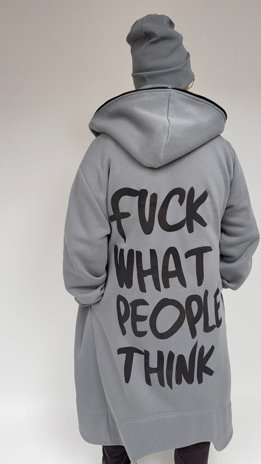 Pilkas hoodie nugaros vaizdas su užrašu